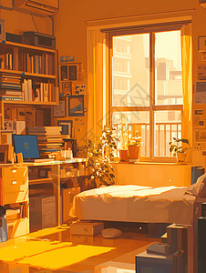 跃层公寓房间里的书桌书架插画