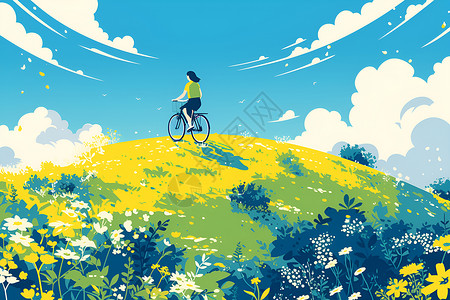 夏日自行车旅骑行少女的春日之旅插画