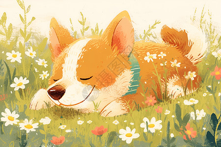 草地上趴着的小狗插画