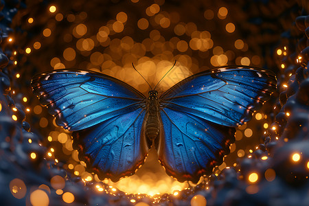 蓝色蝴蝶舞动在金色线条之上背景图片