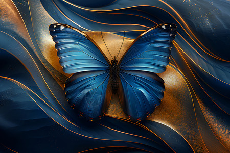 唯美线条背景蓝色的蝴蝶在金色线条背景上插画