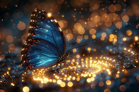 蓝色蝴蝶在金色光线上背景图片