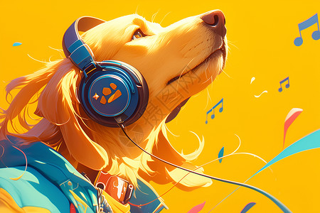 罩耳机狗狗戴着耳机沉浸在音乐中插画