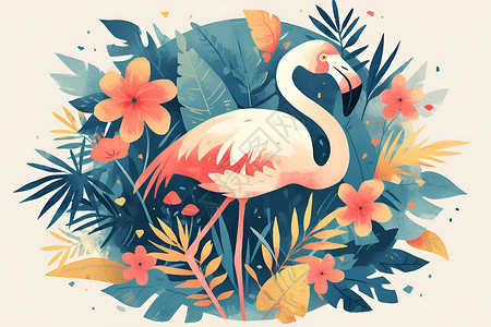 粉红火烈鸟在热带植物和花卉中背景图片