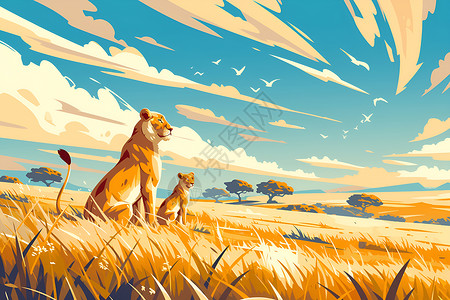 动物家族草原上的狮子家族插画