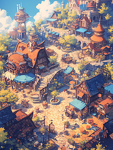 城堡梦幻森林的幻彩村庄插画