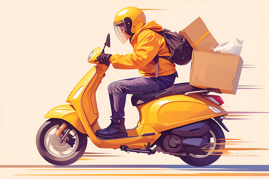 黄色摩托车送餐骑手图片