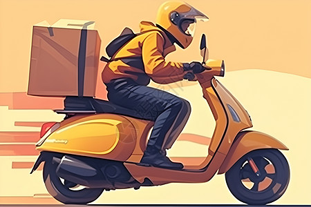 快递送货员骑着黄色电动车的送货员插画