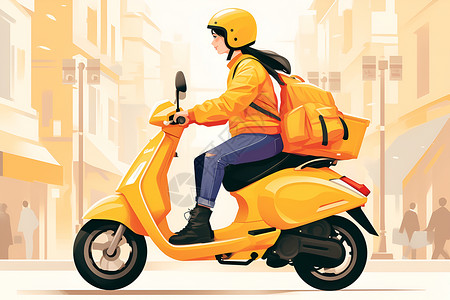 黄色摩托车黄色电动车上的送餐骑手插画