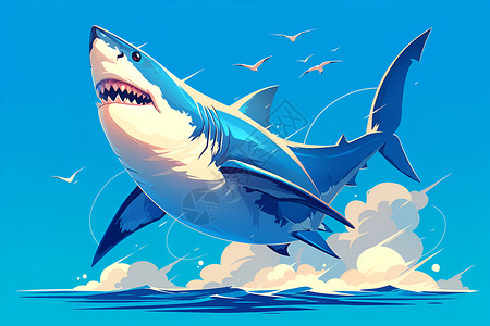 看鲨鱼鲨鱼翱翔蓝天插画