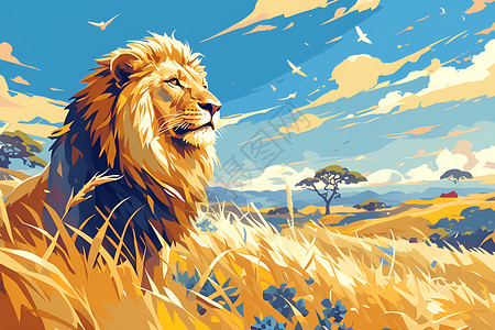 非洲平原上一只狮子插画