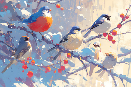 美丽的雪景冬日白雪覆盖树枝上的小鸟插画