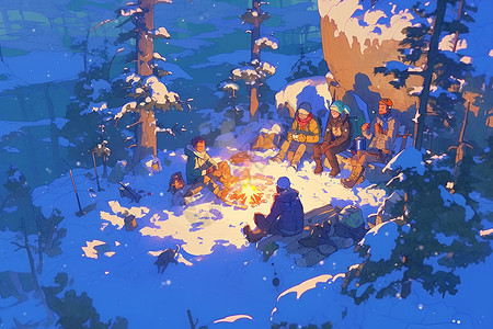 好友旅行冬夜篝火中的好友相伴插画