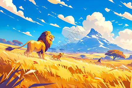 捕食狮子雄狮徜徉于草地中插画