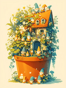 创意花盆独特的花盆中的房子插画