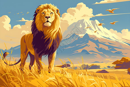 非洲平原上威武挺立的狮子插画