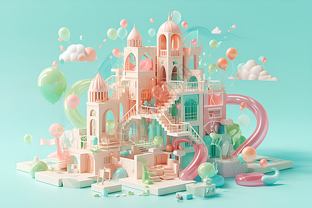 迪士尼卡通城堡幻境中的粉色城堡插画