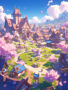 粉色樱花的中世纪村庄背景图片