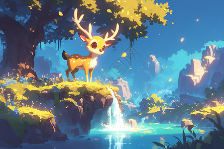鹿科动物瀑布丛林中的鹿插画
