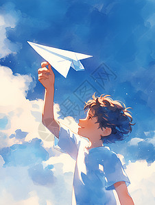 放飞梦想展板快乐男孩放飞纸飞机插画