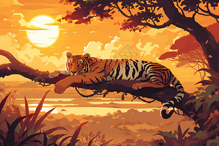 秦岭野生树枝上的老虎插画