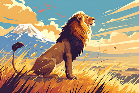 野生花非洲平原上一只威严的狮插画