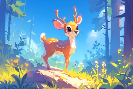 森林仙境中的可爱鹿儿插画