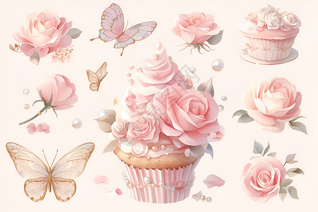 粉色杯子蛋糕粉色花朵装点的蛋糕插画