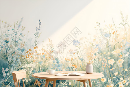 家居墙面装饰植物背景下的桌子插画