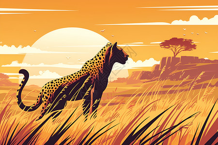 黄河平原夕阳下的猎豹插画