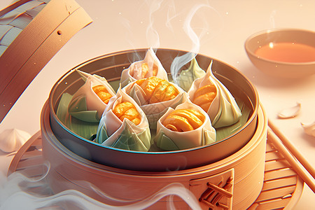 传统美食蒸饺蒸笼里的美味点心插画