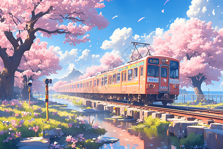 樱花和火车樱花下的粉色列车插画