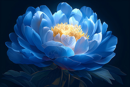蓝色茎叶花绽放的蓝色牡丹插画