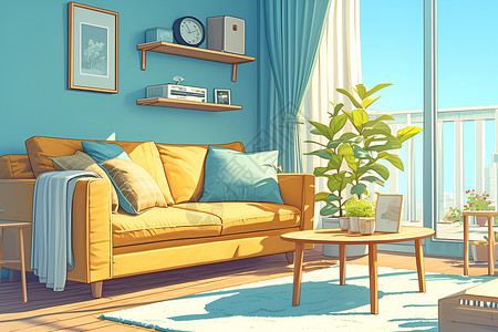 舒适客厅卡通房屋内的沙发插画