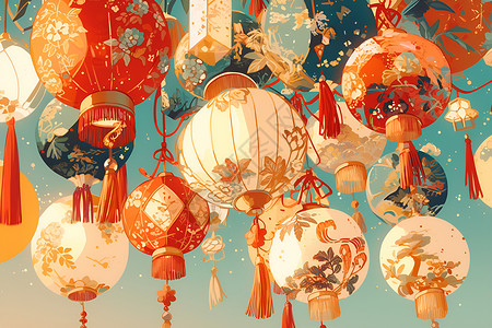 吊灯装饰一串中国灯笼插画