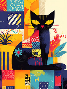 客厅线条彩与线条的猫咪插画