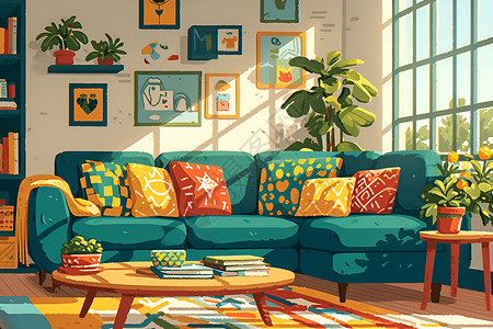 客厅墙壁装饰画色彩斑斓的客厅插画