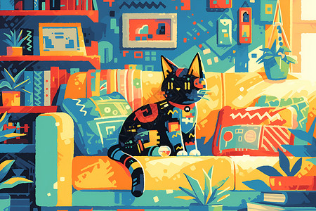彩色奇幻猫咪在客厅背景图片