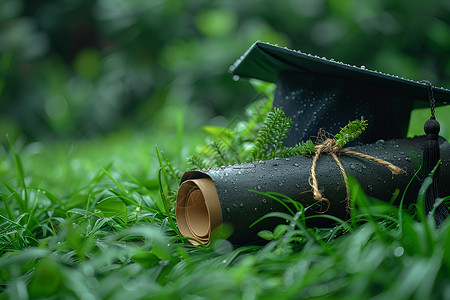 绿色草地中的证书和帽子背景图片