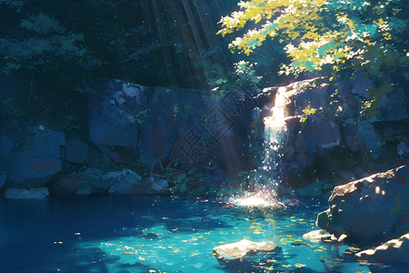 古东森林瀑布神秘的瀑布插画