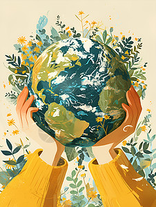 人类手手掌中的生态地球艺术画插画