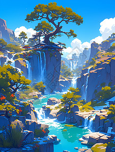 山林的飞瀑流泉插画