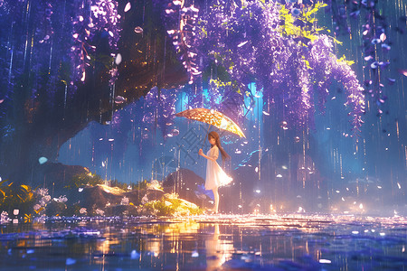 女孩在雨中撑着伞高清图片