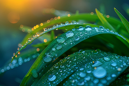绿色草叶上的水滴背景图片
