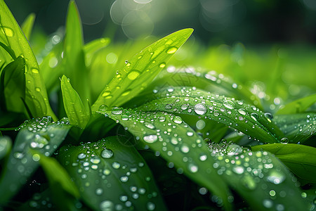绿色草叶上的水滴背景图片