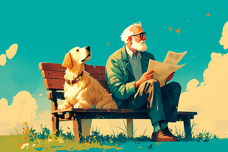 狗在长凳上长凳上的老人与狗插画