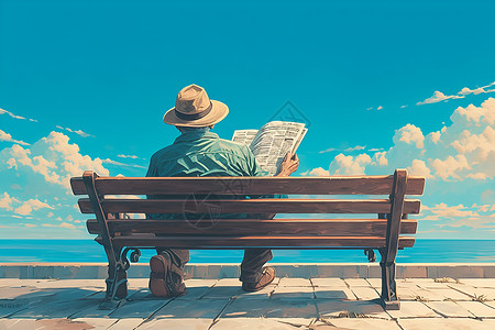 老人坐在长凳上看报纸背景图片