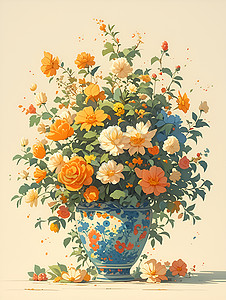多种植物花盆与多种花卉组合插画