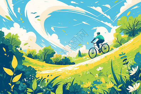 大自然色彩夏日绿意中的骑行的乐趣插画