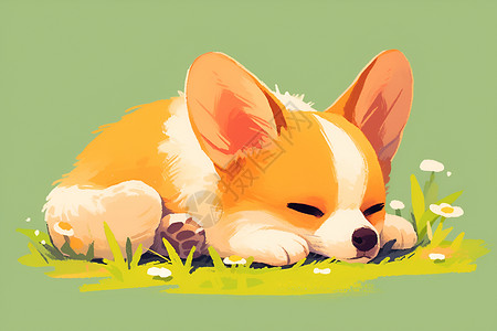 可爱的柯基犬躺在草坪上插画